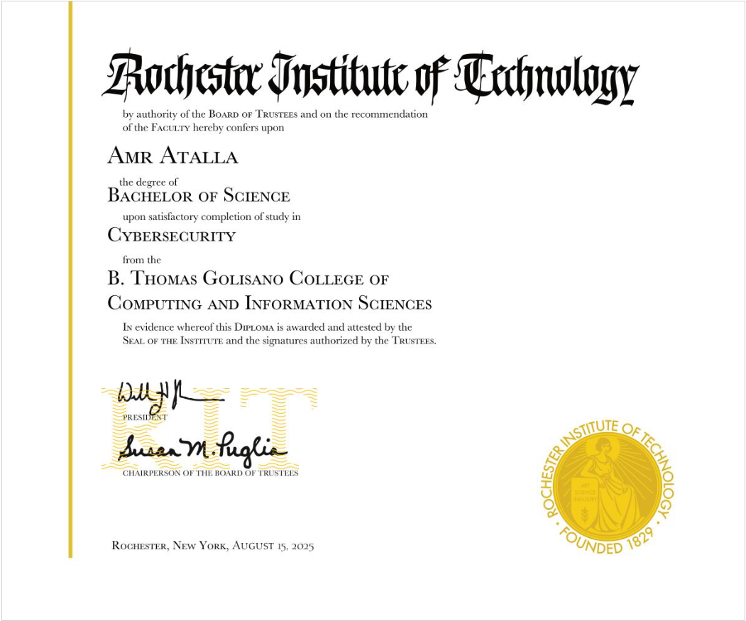 RIT Degree Certificate
